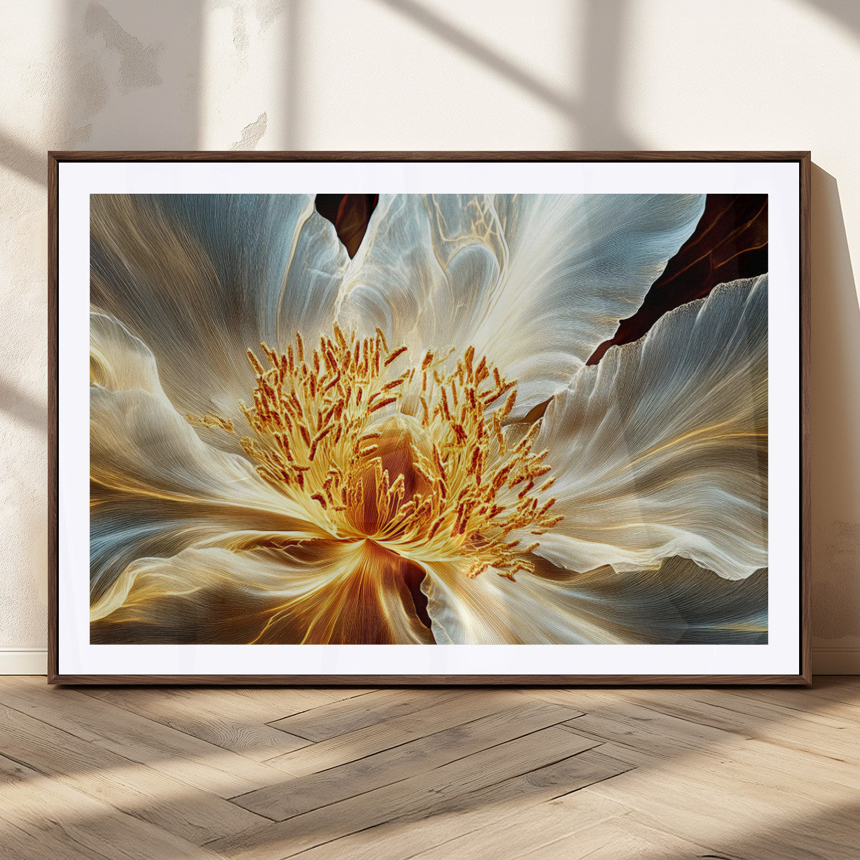 20862576-MGC-FP-36x24_Walnut-Golden Abstract Flower Canvas Wall Art – Modern Botanical Bloom Print, Elegant Floral Artwork for Living Room, Bedroom, Office