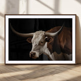 27414857-MGV-CV-36X24-Texas Longhorn Bull Canvas Wall Art – Rustic Western Farmhouse Decor, Brown & White Cow Portrait, Animal Print for Ranch Home