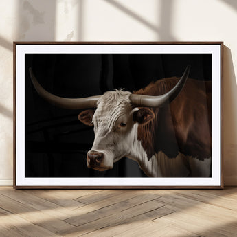 27414857-MGV-CV-36X24-Texas Longhorn Bull Canvas Wall Art – Rustic Western Farmhouse Decor, Brown & White Cow Portrait, Animal Print for Ranch Home