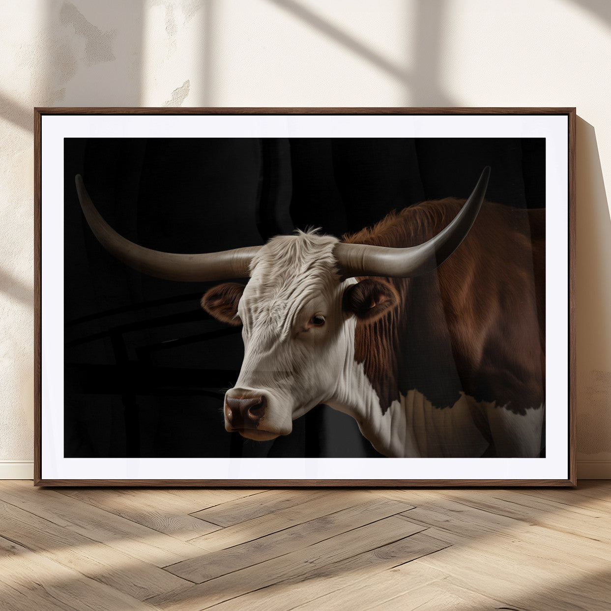 27414857-MGC-FP-36x24_Walnut-Longhorn Bull Wall Art – Dramatic Western Steer Portrait Canvas Print, Rustic Farmhouse Animal Decor for Living Room, Office, or
