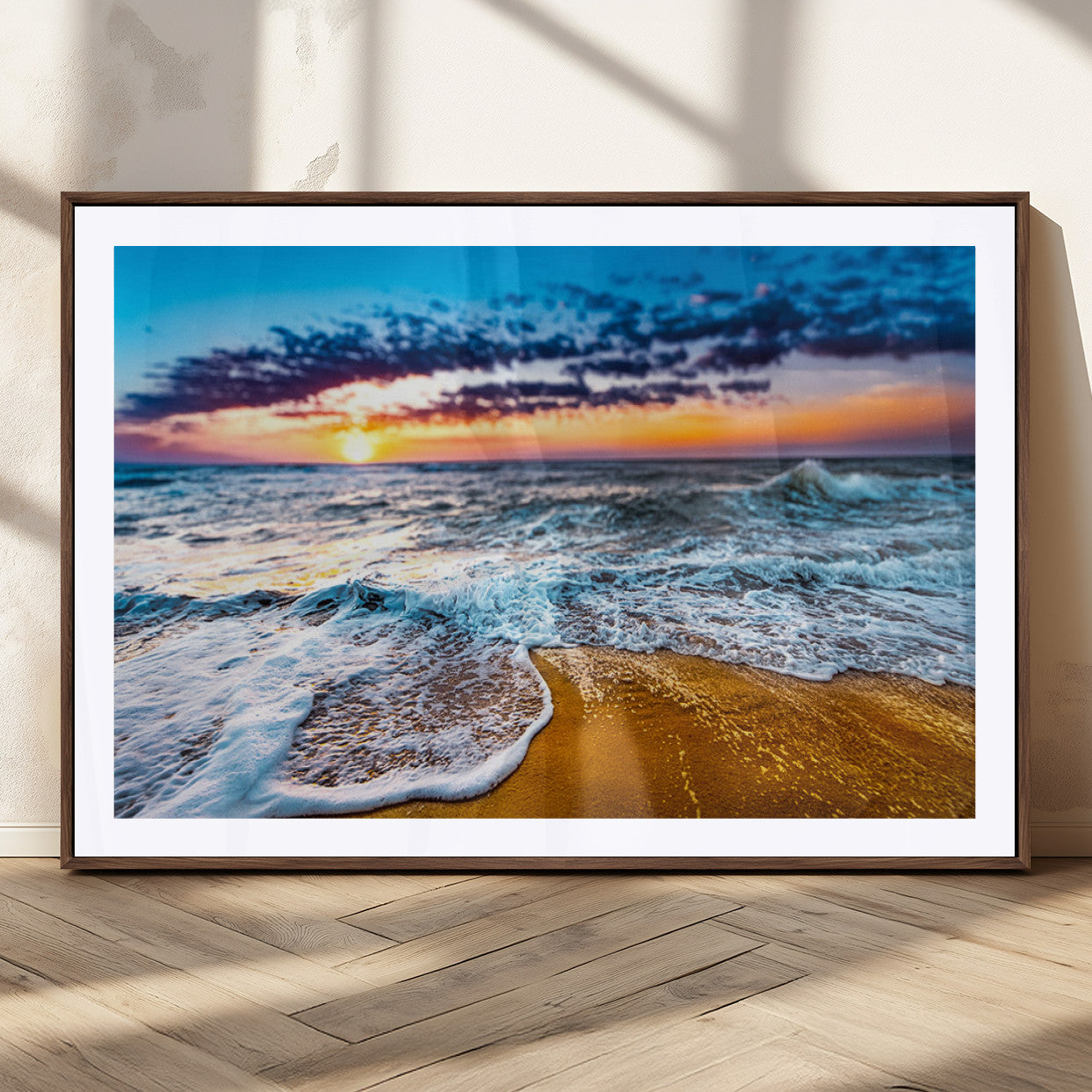 24077769-MGC-FP-36x24_Walnut-Sunset Beach Wall Art – Ocean Waves Canvas Print, Golden Shoreline Photography Coastal Decor for Living Room, Bedroom, Office,