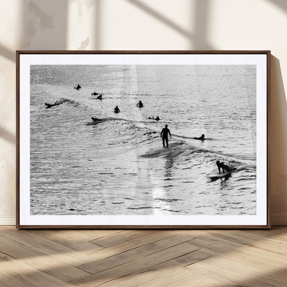 68018616-MGC-FP-36x24_Walnut-Black and White Surf Photography Print – Minimalist Ocean Wall Art, Surfers Riding Waves, Coastal Beach Decor for Modern Home or