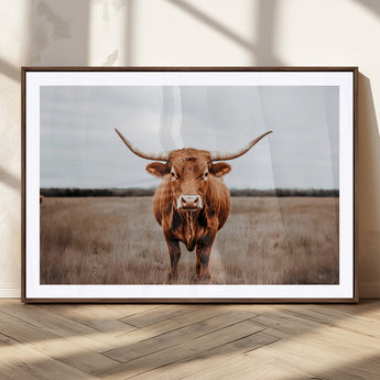 16316734-MGC-FP-36x24_Walnut-Texas Longhorn Wall Art – Rustic Bull Portrait Canvas Print, Western Farmhouse Animal Photography Decor for Living Room, Office,