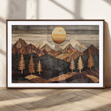 90044381-MGC-FP-36x24_Walnut-Rustic Wall Art – Wooden Mountain Landscape with Sun and Pine Trees, Handcrafted Nature Canvas Style Decor for Bedroom, Living
