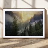 38316884-MGC-FP-36x24_Walnut-Landscape Wall Art – Misty Mountain Valley Canvas Print, Scenic Pine Forest and Sunrise Photography Decor for Bedroom, Living