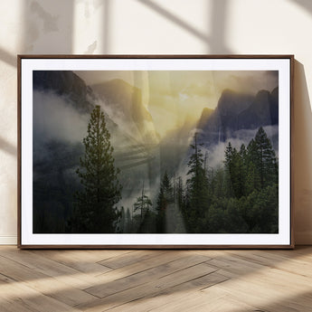 38316884-MGC-FP-36x24_Walnut-Landscape Wall Art – Misty Mountain Valley Canvas Print, Scenic Pine Forest and Sunrise Photography Decor for Bedroom, Living
