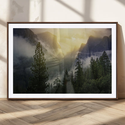 38316884-MGC-FP-36x24_Walnut-Landscape Wall Art – Misty Mountain Valley Canvas Print, Scenic Pine Forest and Sunrise Photography Decor for Bedroom, Living