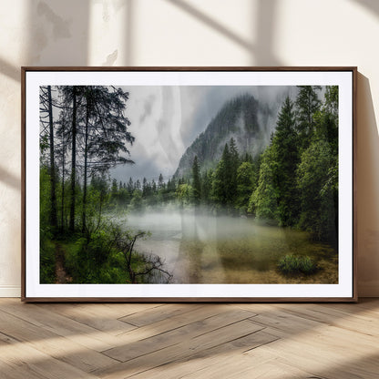 93123937-MGC-FP-36x24_Walnut-Landscape Wall Art – Misty Mountain Lake Canvas Print, Tranquil Forest and Waterfall Photography Decor for Bedroom, Living Room,