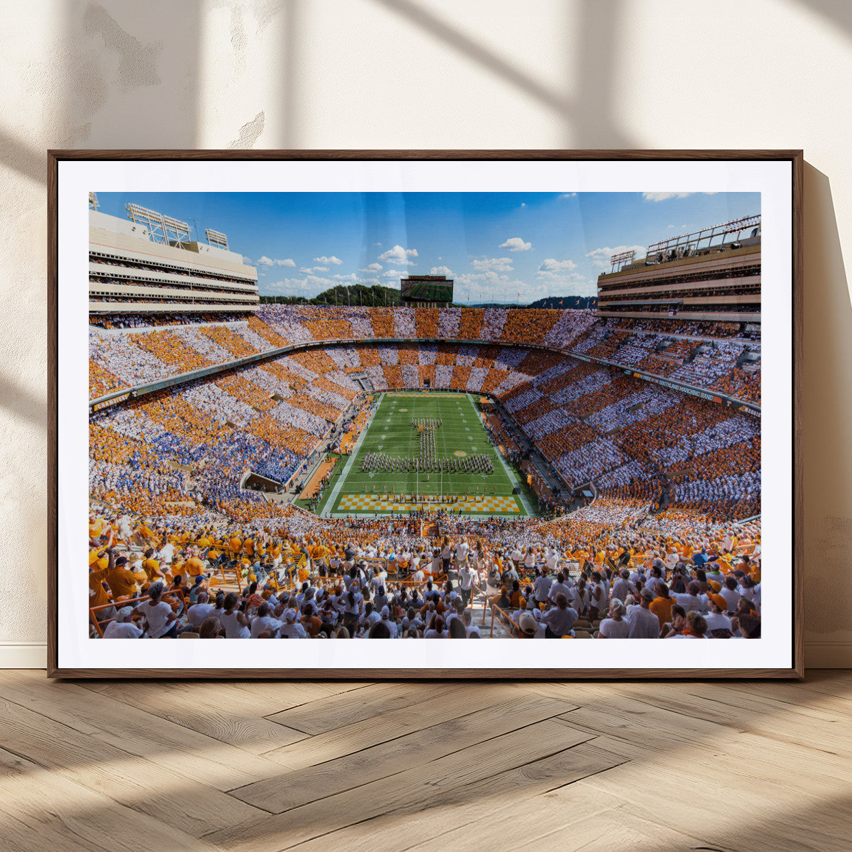 64238859-MGC-FP-36x24_Walnut-Neyland Stadium Wall Art – Panoramic Tennessee Volunteers Power T Checkerboard Crowd Canvas Print, Day Game Football Band Sports