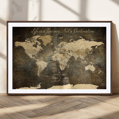 13394308-MGC-FP-36x24_Walnut-Personalized World Map Wall Art – Dark Rustic Vintage Adventure Travel Map with Custom Couple Names, Timeless Wall Decor for Home