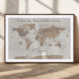 56148717-MGC-FP-36x24_Walnut-Personalized World Map Wall Art – Neutral Beige & Brown Vintage Adventure Travel Map with Custom Couple Names, Classic Wall Decor