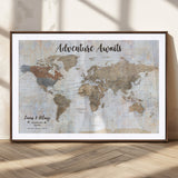 30792405-MGC-FP-36x24_Walnut-Personalized World Map Wall Art – Rustic Beige Adventure Travel Map with Custom Couple Names, Vintage Wall Decor for Home or