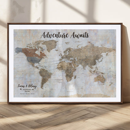 30792405-MGC-FP-36x24_Walnut-Personalized World Map Wall Art – Rustic Beige Adventure Travel Map with Custom Couple Names, Vintage Wall Decor for Home or