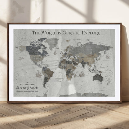 97082026-MGC-FP-36x24_Walnut-Personalized World Map Wall Art – Vintage Gray Adventure Travel Map with Custom Couple or Family Names, Rustic Wall Decor for Home