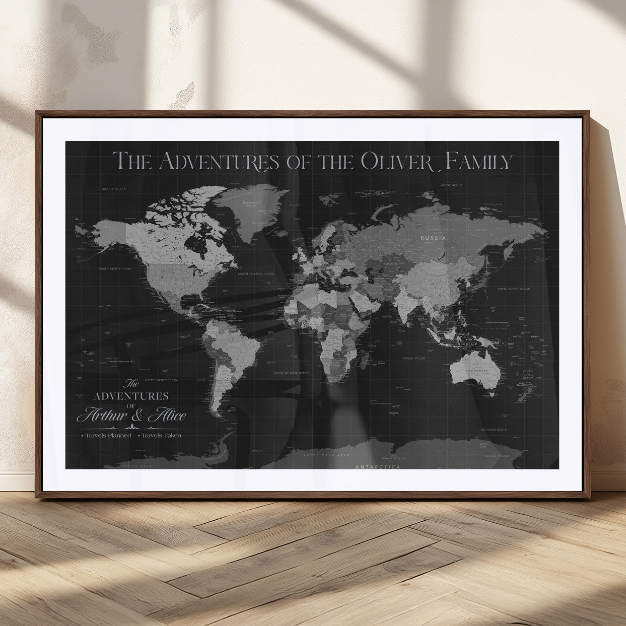 46064114-MGC-FP-36x24_Walnut-Personalized World Map Wall Art – Black & Grey Adventure Travel Map with Custom Family or Couple Names, Modern Wall Decor for Home