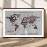 33204797-MGC-FP-36x24_Walnut-Personalized World Map Wall Art – Burgundy & Grey Adventure Travel Map with Custom Names, Romantic Wall Decor for Couples, Home or