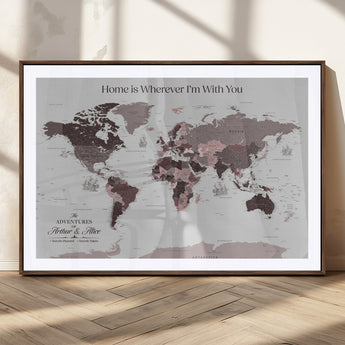 33204797-MGC-FP-36x24_Walnut-Personalized World Map Wall Art – Burgundy & Grey Adventure Travel Map with Custom Names, Romantic Wall Decor for Couples, Home or