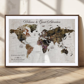 33631532-MGC-FP-36x24_Walnut-Personalized World Map Wall Art – Dark Vintage Adventure Travel Map with Custom Names, Rustic Wall Decor for Couples, Home or