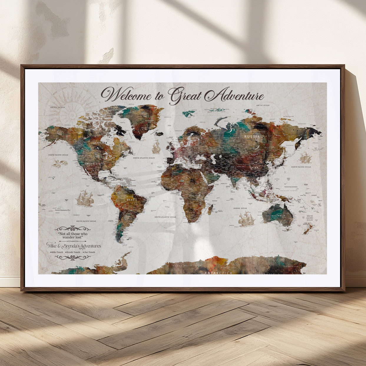 67029173-MGC-FP-36x24_Walnut-Personalized World Map Wall Art – Colorful Vintage Adventure Travel Map with Custom Couple Names, Rustic Wall Decor for Home,