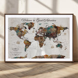 67029173-MGC-FP-36x24_Walnut-Personalized World Map Wall Art – Colorful Vintage Adventure Travel Map with Custom Couple Names, Rustic Wall Decor for Home,