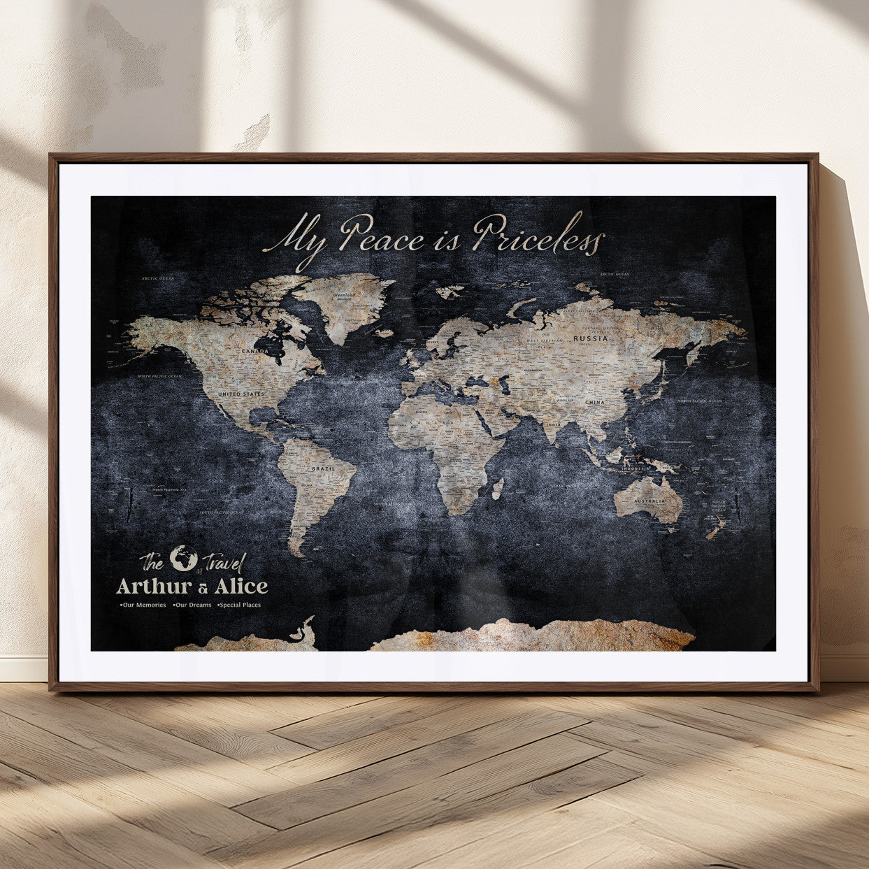 85403043-MGC-FP-36x24_Walnut-Personalized World Map Wall Art – Dark Blue Rustic Adventure Map with Custom Couple Names, Vintage Wall Decor for Home or Travel
