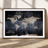 85403043-MGC-FP-36x24_Walnut-Personalized World Map Wall Art – Dark Blue Rustic Adventure Map with Custom Couple Names, Vintage Wall Decor for Home or Travel