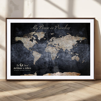 85403043-MGC-FP-36x24_Walnut-Personalized World Map Wall Art – Dark Blue Rustic Adventure Map with Custom Couple Names, Vintage Wall Decor for Home or Travel