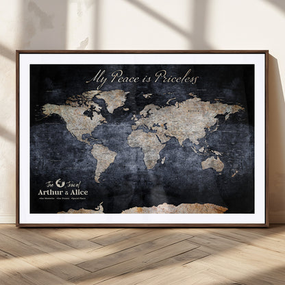 85403043-MGC-FP-36x24_Walnut-Personalized World Map Wall Art – Dark Blue Rustic Adventure Map with Custom Couple Names, Vintage Wall Decor for Home or Travel