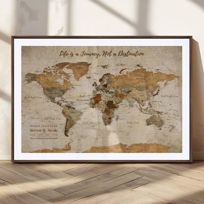 75179116-MGC-FP-36x24_Walnut-Personalized World Map Wall Art – Rustic Vintage Travel Map with Custom Names, Inspirational Adventure Décor for Couples, Families