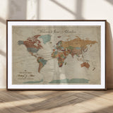 43497401-MGC-FP-36x24_Walnut-Personalized World Map Wall Art – Vintage Rustic Adventure Travel Map with Custom Couple Names, Welcome to Great Adventure Wall