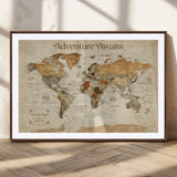 18685073-MGC-FP-36x24_Walnut-Personalized World Map Wall Art – Antique Vintage Parchment Adventure Awaits Travel Map with Custom Couple Names, Rustic Wall