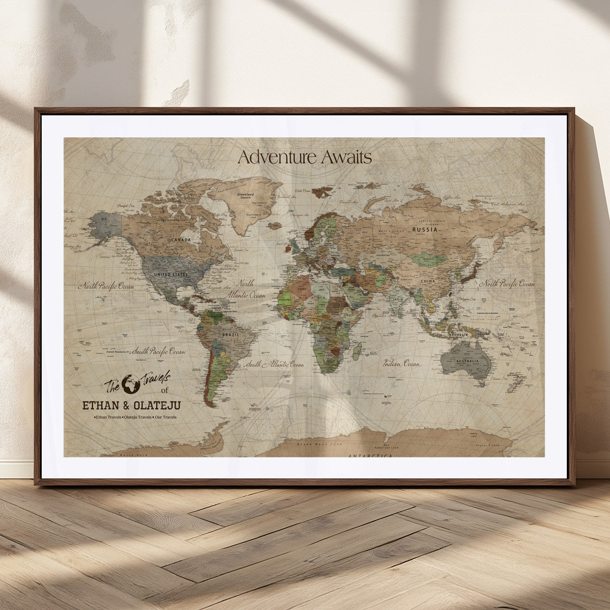 62766900-MGC-FP-36x24_Walnut-Personalized World Map Wall Art – Antique Parchment Adventure Travel Map with Custom Couple Names, Rustic Wall Decor for Home,