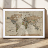62766900-MGC-FP-36x24_Walnut-Personalized World Map Wall Art – Antique Parchment Adventure Travel Map with Custom Couple Names, Rustic Wall Decor for Home,