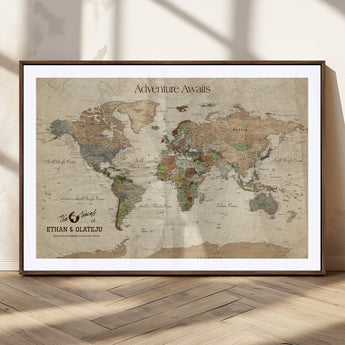 62766900-MGC-FP-36x24_Walnut-Personalized World Map Wall Art – Antique Parchment Adventure Travel Map with Custom Couple Names, Rustic Wall Decor for Home,