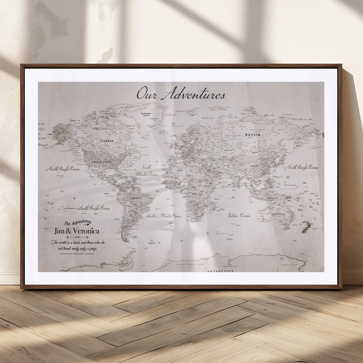 11706567-MGC-FP-36x24_Walnut-Personalized World Map Wall Art – Minimalist Beige Adventure Travel Map with Custom Names, Elegant Push Pin Canvas for Couples,
