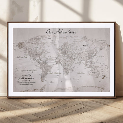 11706567-MGC-FP-36x24_Walnut-Personalized World Map Wall Art – Minimalist Beige Adventure Travel Map with Custom Names, Elegant Push Pin Canvas for Couples,