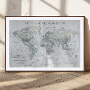 70605050-MGC-FP-36x24_Walnut-Personalized World Map Wall Art – Cool Gray Adventure Travel Map with Custom Names, Elegant Push Pin Canvas for Couples, Family