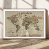 53442996-MGC-FP-36x24_Walnut-Personalized World Map Wall Art – Adventure Awaits Vintage Travel Map with Custom Couple Names, Rustic Wall Decor for Home,