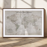 93034948-MGC-FP-36x24_Walnut-Personalized World Map Wall Art – Vintage Beige Adventure Travel Map with Custom Names, Elegant Push Pin Canvas for Couples,