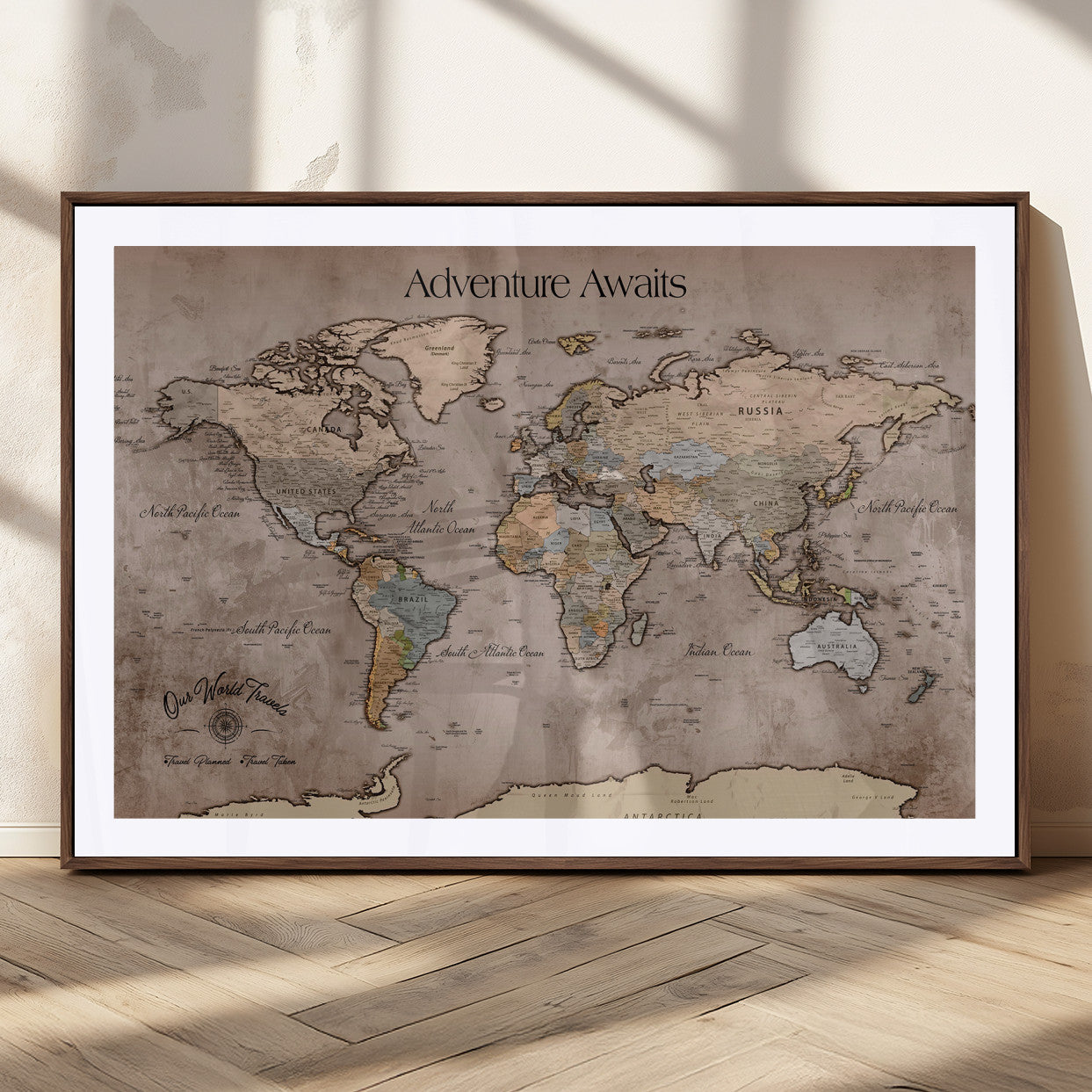 93226713-MGC-FP-36x24_Walnut-Personalized World Map Wall Art – Adventure Awaits Rustic Earth-Tone Travel Map with Custom Names, Vintage Wall Decor for Couples,