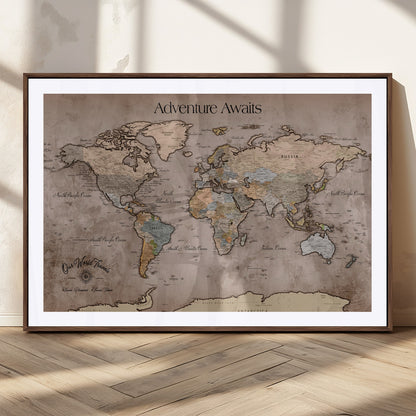 93226713-MGC-FP-36x24_Walnut-Personalized World Map Wall Art – Adventure Awaits Rustic Earth-Tone Travel Map with Custom Names, Vintage Wall Decor for Couples,