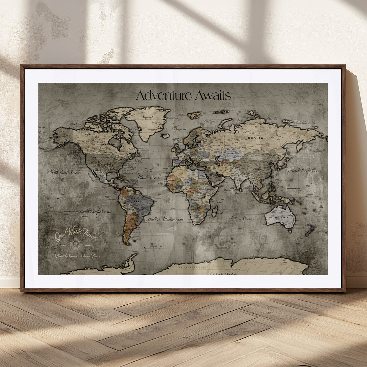 72658967-MGC-FP-36x24_Walnut-Personalized World Map Wall Art – Adventure Awaits Rustic Sepia Travel Map with Custom Names, Vintage Wall Decor for Couples, Home
