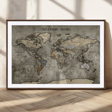 72658967-MGC-FP-36x24_Walnut-Personalized World Map Wall Art – Adventure Awaits Rustic Sepia Travel Map with Custom Names, Vintage Wall Decor for Couples, Home