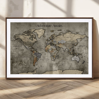 72658967-MGC-FP-36x24_Walnut-Personalized World Map Wall Art – Adventure Awaits Rustic Sepia Travel Map with Custom Names, Vintage Wall Decor for Couples, Home