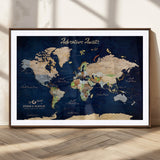 80965072-MGC-FP-36x24_Walnut-Personalized World Map Wall Art – Adventure Awaits Navy Blue Travel Map with Custom Names, Rustic Vintage Wall Decor for Couples,