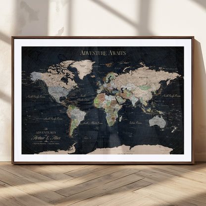 15547583-MGC-FP-36x24_Walnut-Personalized World Map Wall Art – Rustic Navy Adventure Awaits Travel Map with Custom Couple Names, Vintage Wall Decor for Home or