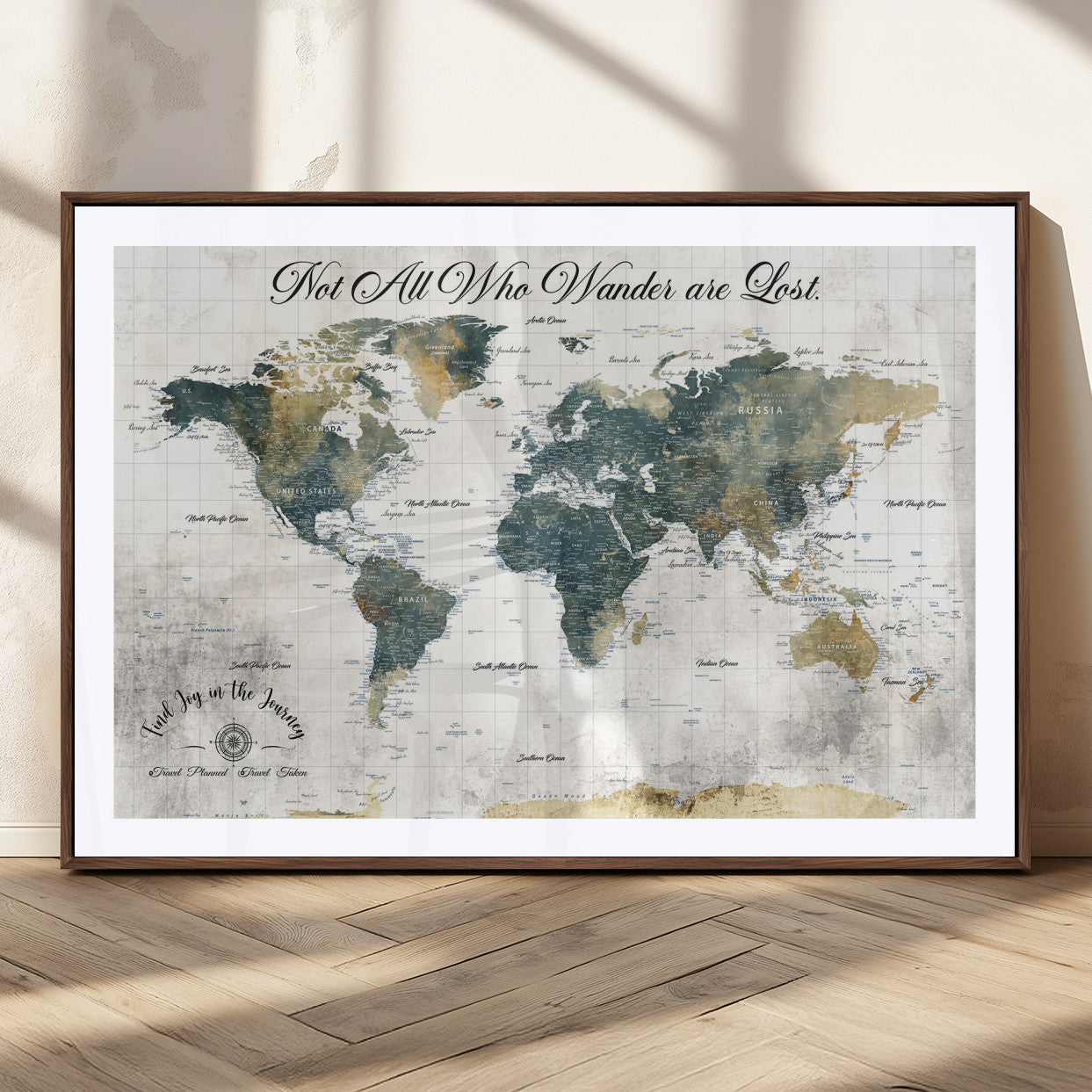 16233493-MGC-FP-36x24_Walnut-Personalized World Map Wall Art – Rustic Blue Green Wanderlust Travel Map with Custom Couple Names, Vintage Wall Decor for Home