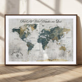 16233493-MGC-FP-36x24_Walnut-Personalized World Map Wall Art – Rustic Blue Green Wanderlust Travel Map with Custom Couple Names, Vintage Wall Decor for Home