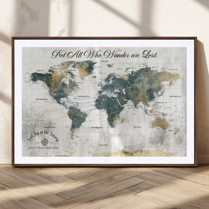 16233493-MGC-FP-36x24_Walnut-Personalized World Map Wall Art – Rustic Blue Green Wanderlust Travel Map with Custom Couple Names, Vintage Wall Decor for Home