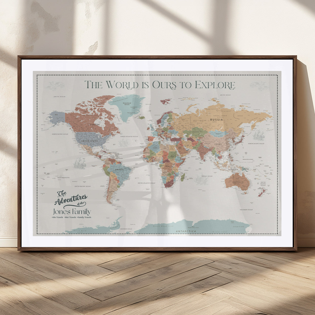 69180591-MGC-FP-36x24_Walnut-Personalized World Map Wall Art – Rustic Vintage Adventure Travel Map with Custom Family Names, Unique Wall Decor for Couples,